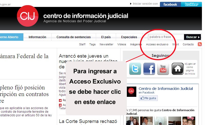 CIJ informa que para acceder a la sntesis de prensa se debe estar registrado en Acceso Exclusivo